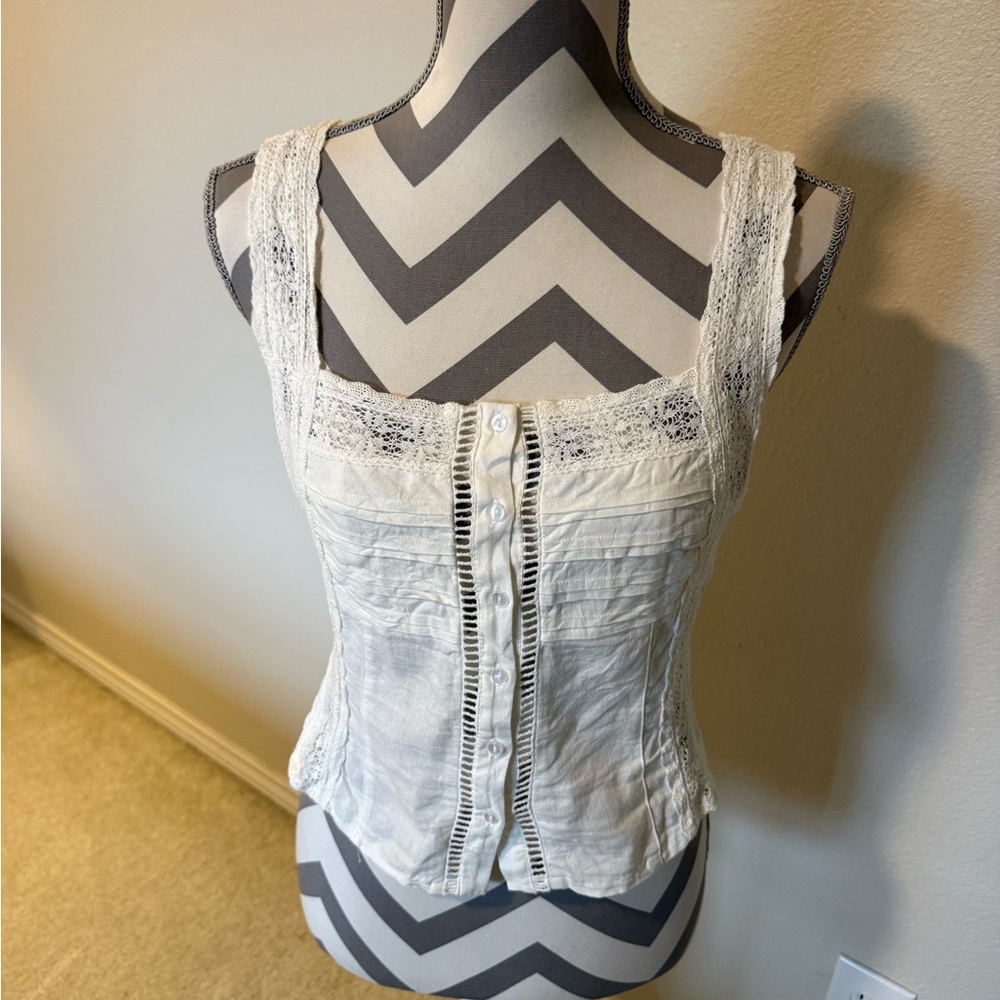 Free People White Lace-Trim Button Front Camisole